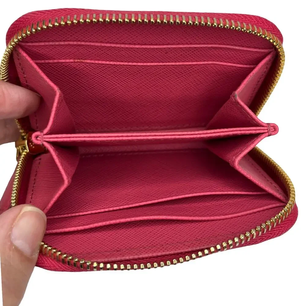 Prada Saffiano Leather Zip Coin Purse Compact Wallet Pink Gold Logo Italy Small